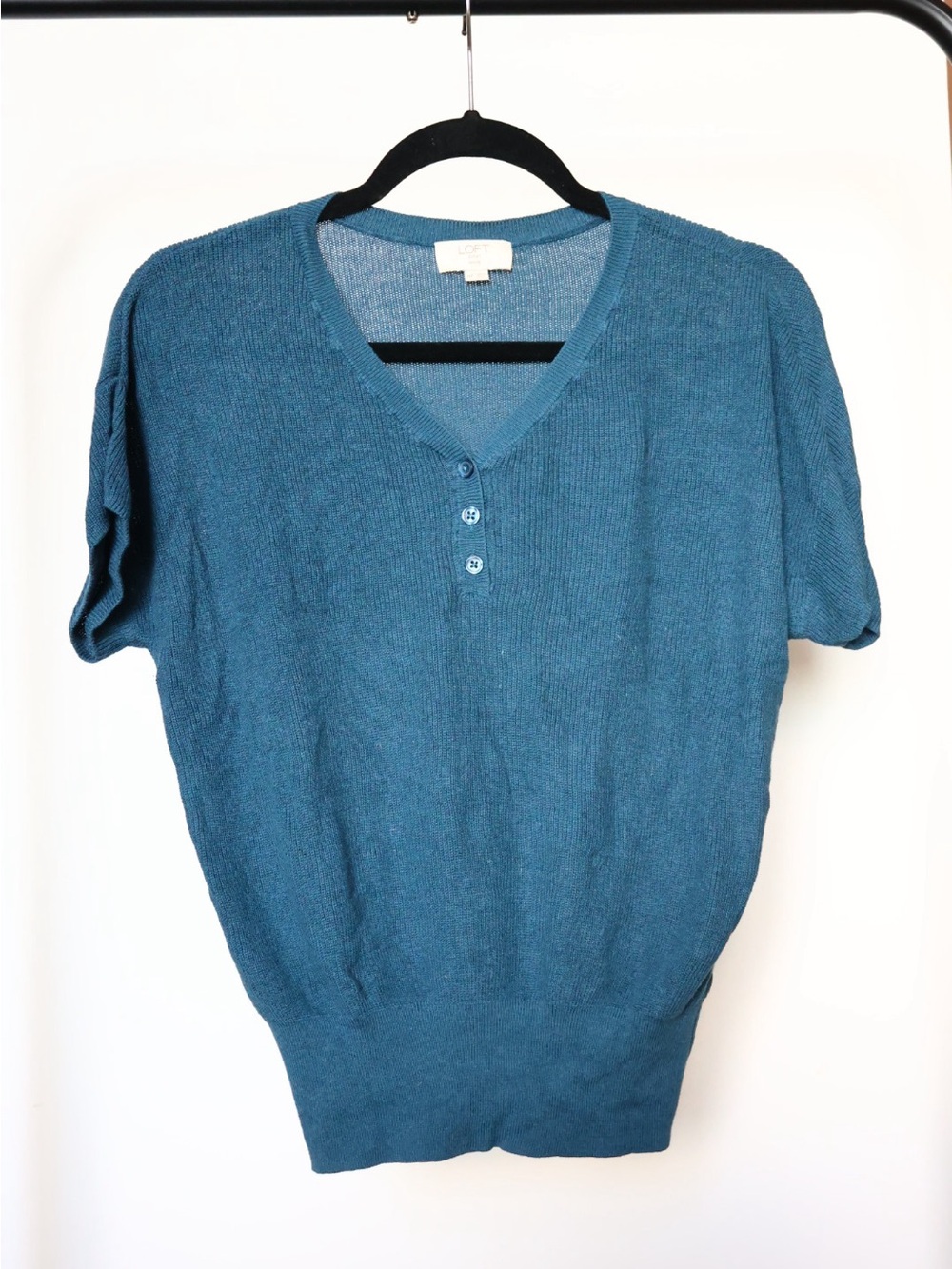 LOFT Teal Short-Sleeve V-Neck Sweater with Button Placket